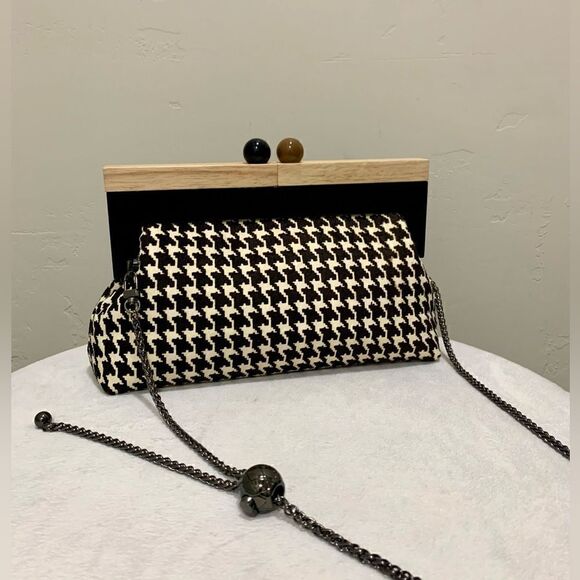 Houndstooth Real Hair-on-horsehide Handmade Wooden Frame Clutch/Shoulder Bag - Picture 1 of 15